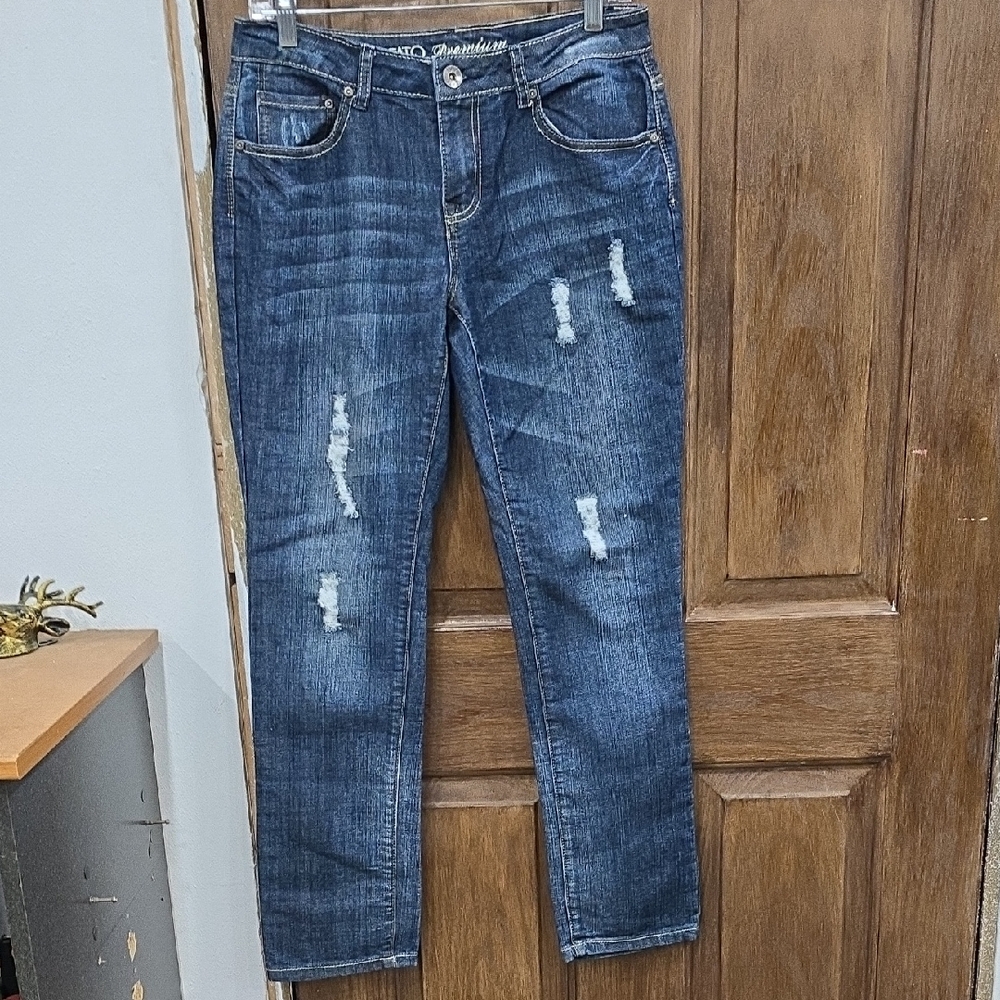 Distressed Dark Blue Straight Leg Jeans